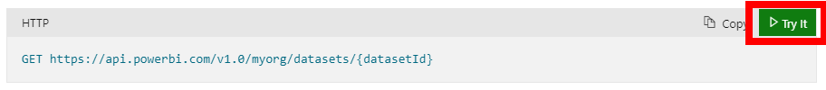 A screenshot of the Power BI REST API documentation with the Try It button highlighted