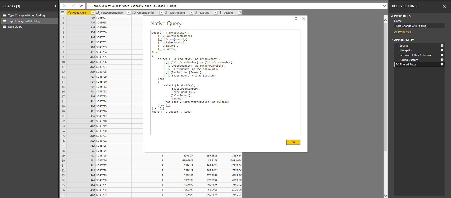 An example of the native query that can be seen within Power Query